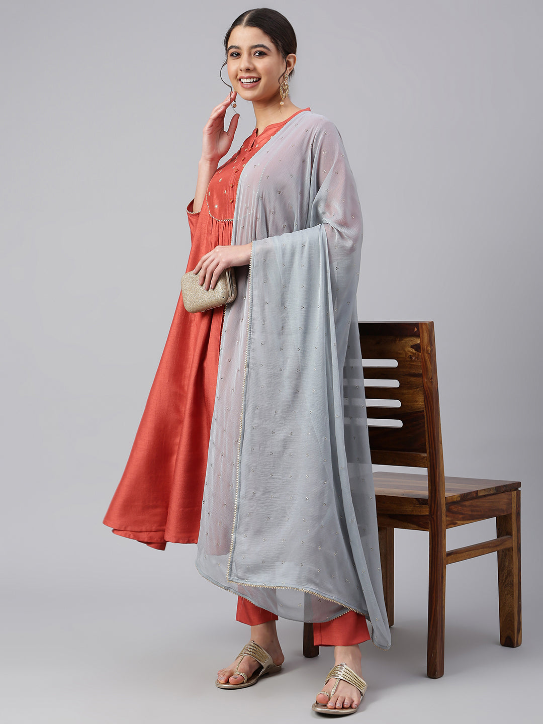 Janasya Women's Rust Dola Silk Solid Kurta With Pant And Dupatta