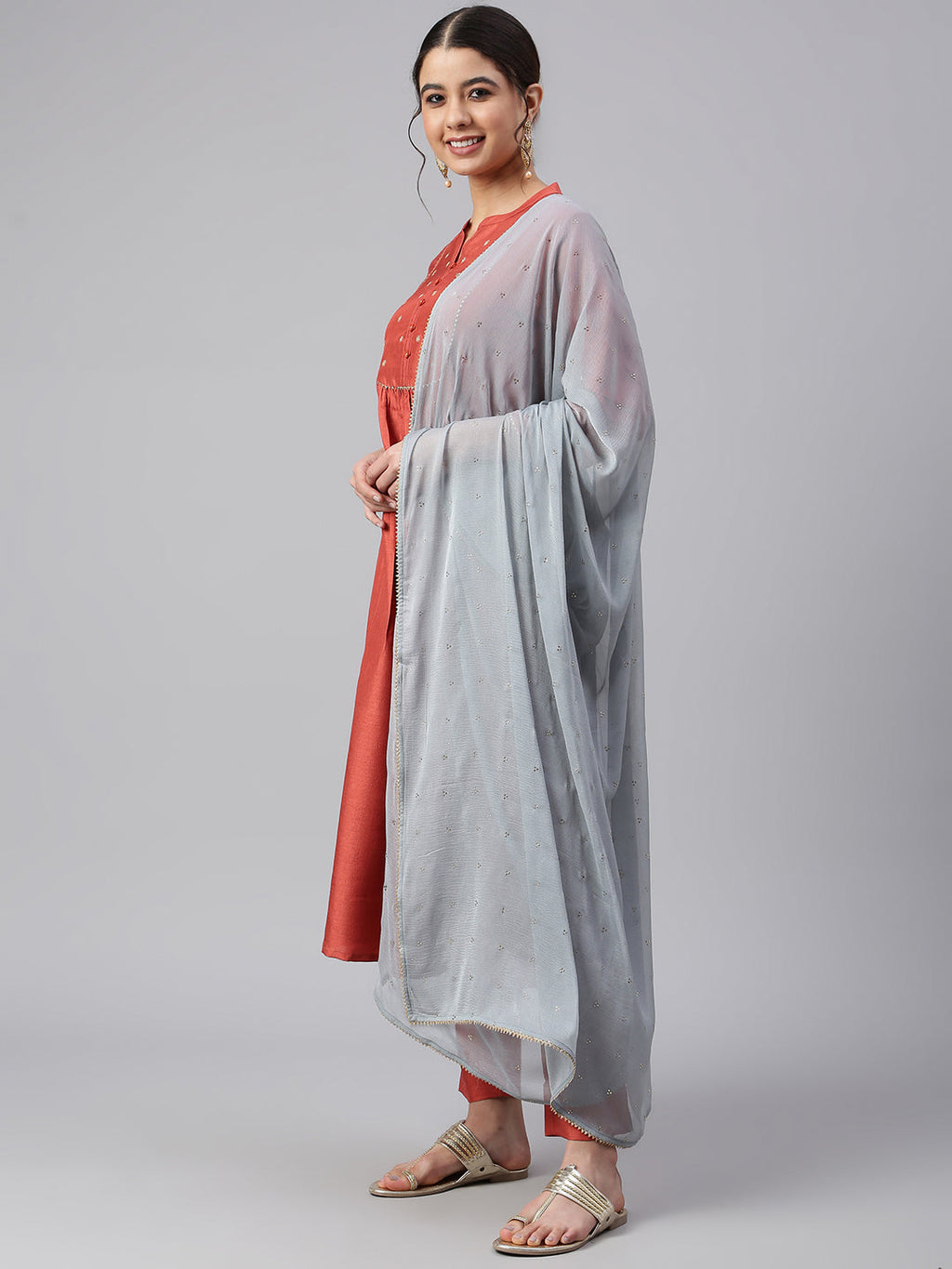 Janasya Women's Rust Dola Silk Solid Kurta With Pant And Dupatta