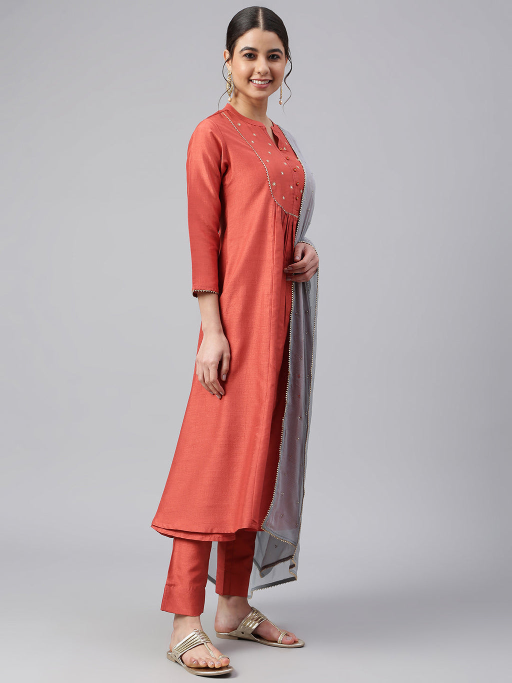 Janasya Women's Rust Dola Silk Solid Kurta With Pant And Dupatta