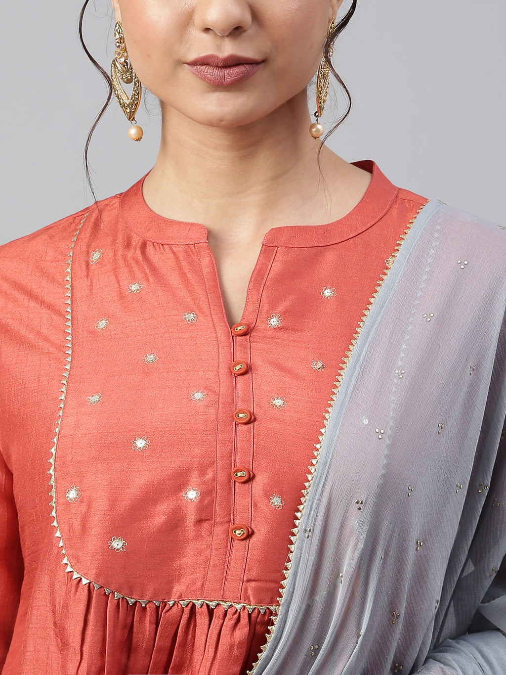 Janasya Women's Rust Dola Silk Solid Kurta With Pant And Dupatta