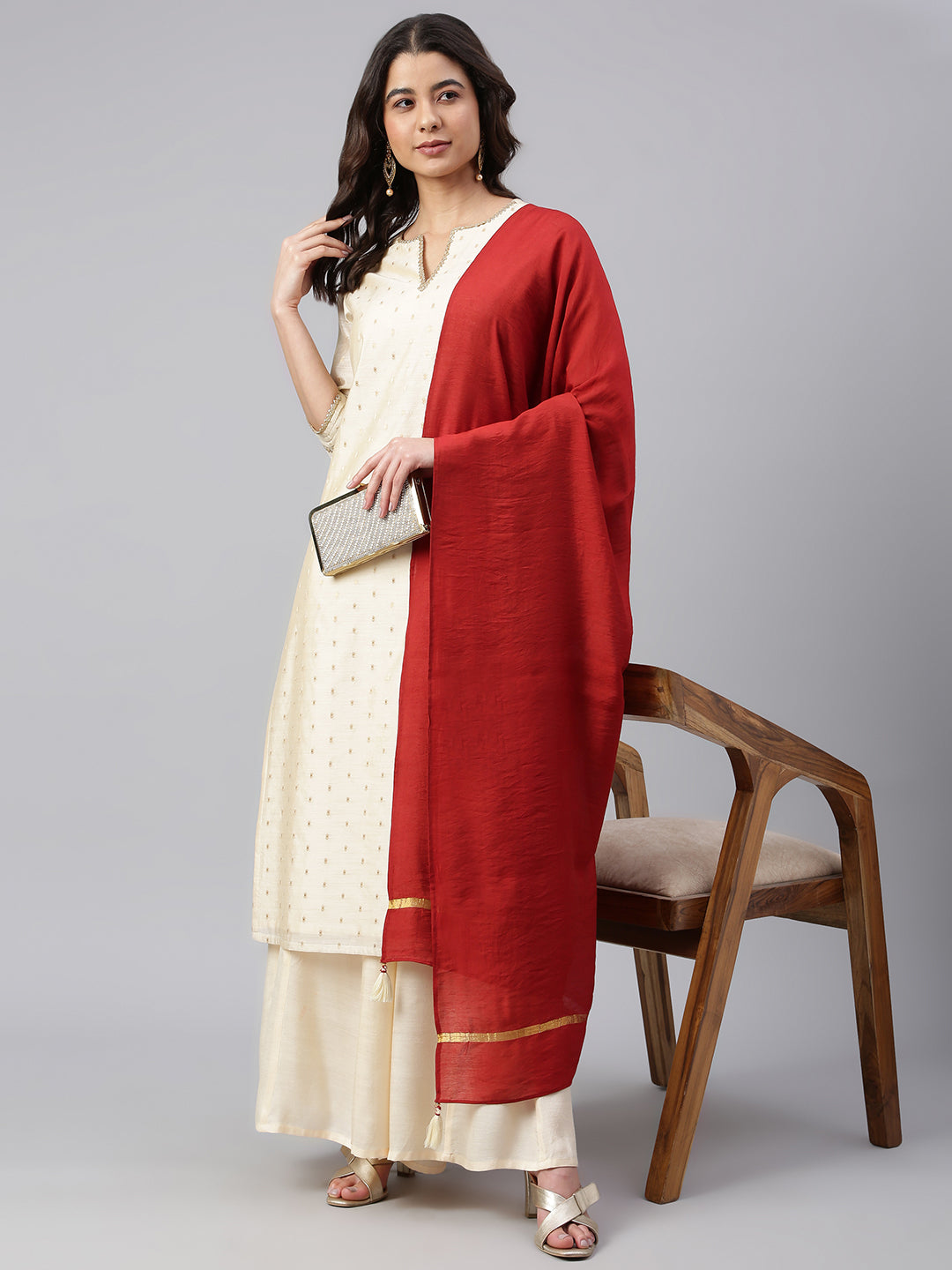 Janasya Women's Beige Chanderi Silk Woven Kurta With Palazzo And Dupatta