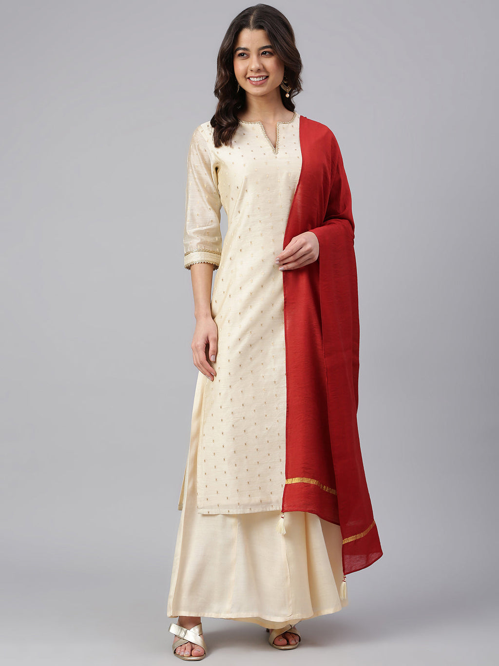 Janasya Women's Beige Chanderi Silk Woven Kurta With Palazzo And Dupatta