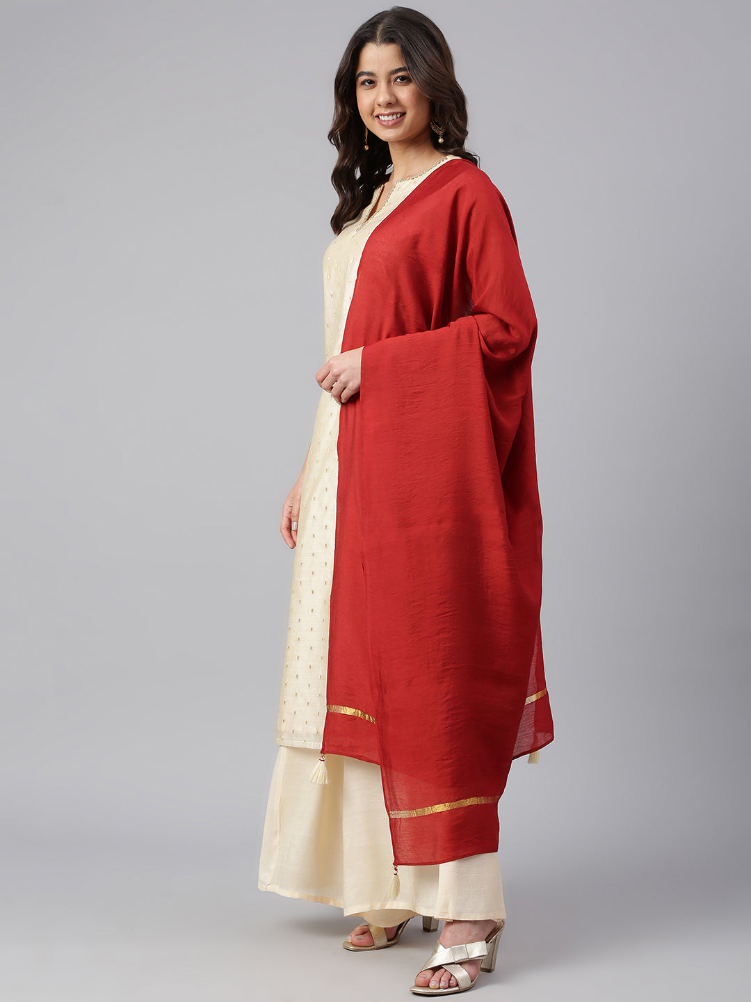 Janasya Women's Beige Chanderi Silk Woven Kurta With Palazzo And Dupatta