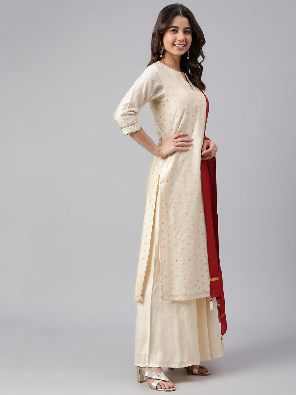 Janasya Women's Beige Chanderi Silk Woven Kurta With Palazzo And Dupatta