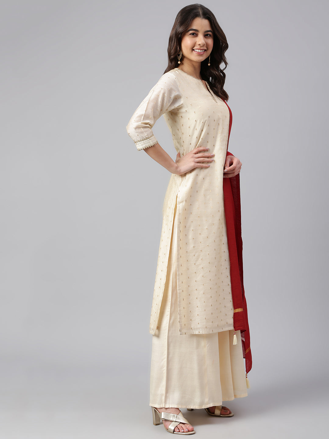 Janasya Women's Beige Chanderi Silk Woven Kurta With Palazzo And Dupatta