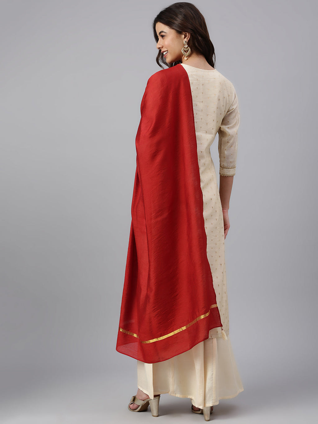 Janasya Women's Beige Chanderi Silk Woven Kurta With Palazzo And Dupatta