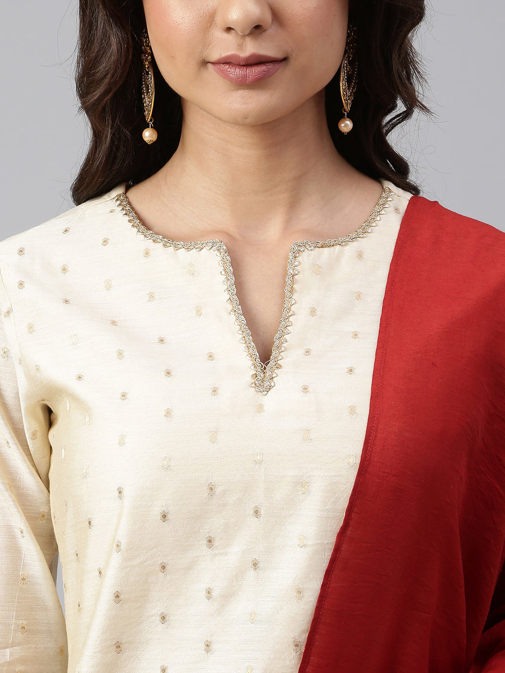 Janasya Women's Beige Chanderi Silk Woven Kurta With Palazzo And Dupatta