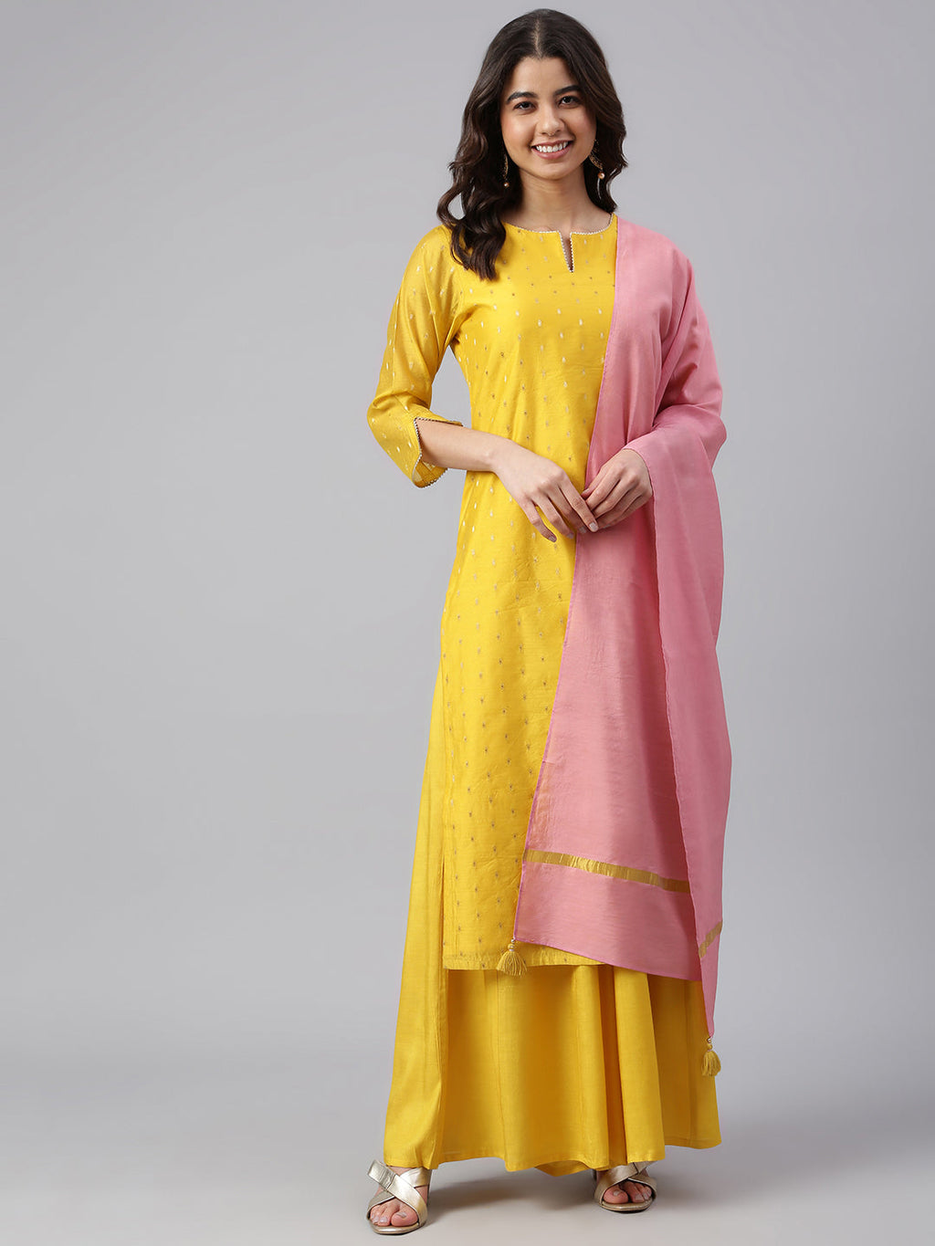 Janasya Women's Yellow Chanderi Silk Woven Kurta With Palazzo And Dupatta