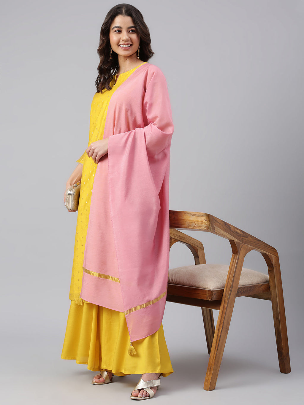 Janasya Women's Yellow Chanderi Silk Woven Kurta With Palazzo And Dupatta