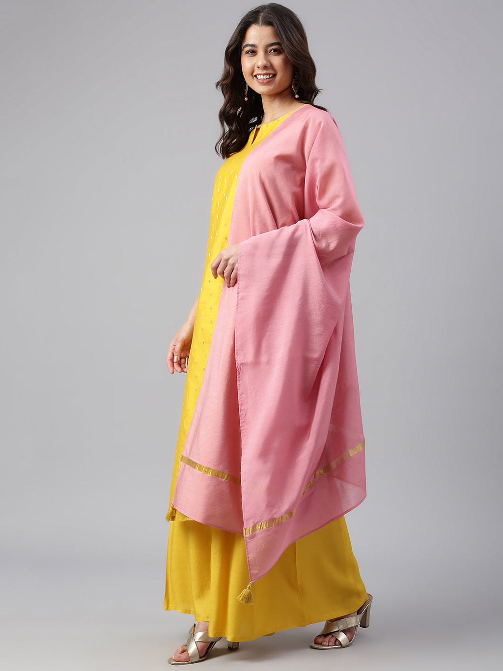 Janasya Women's Yellow Chanderi Silk Woven Kurta With Palazzo And Dupatta