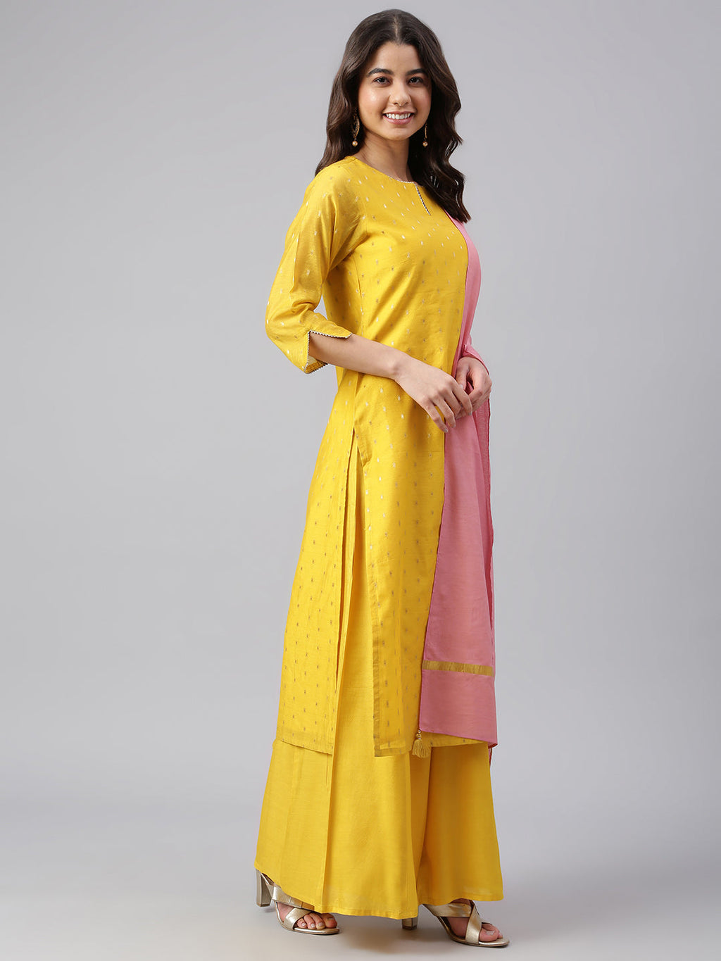 Janasya Women's Yellow Chanderi Silk Woven Kurta With Palazzo And Dupatta