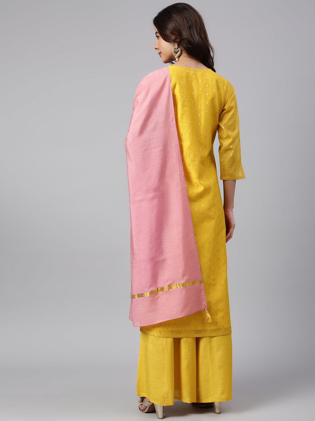 Janasya Women's Yellow Chanderi Silk Woven Kurta With Palazzo And Dupatta