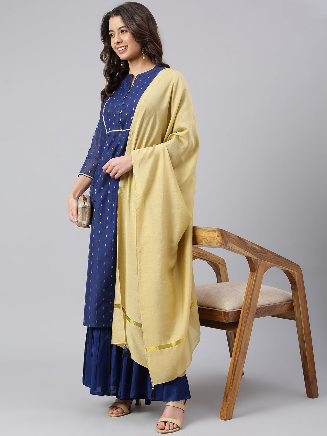 Janasya Women's Dark Blue Chanderi Silk Woven Kurta With Sharara And Dupatta
