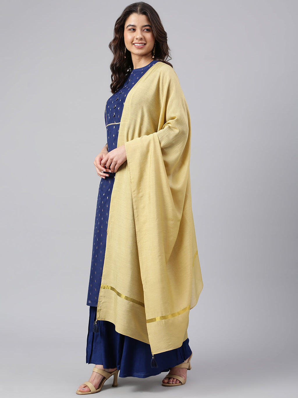 Janasya Women's Dark Blue Chanderi Silk Woven Kurta With Sharara And Dupatta