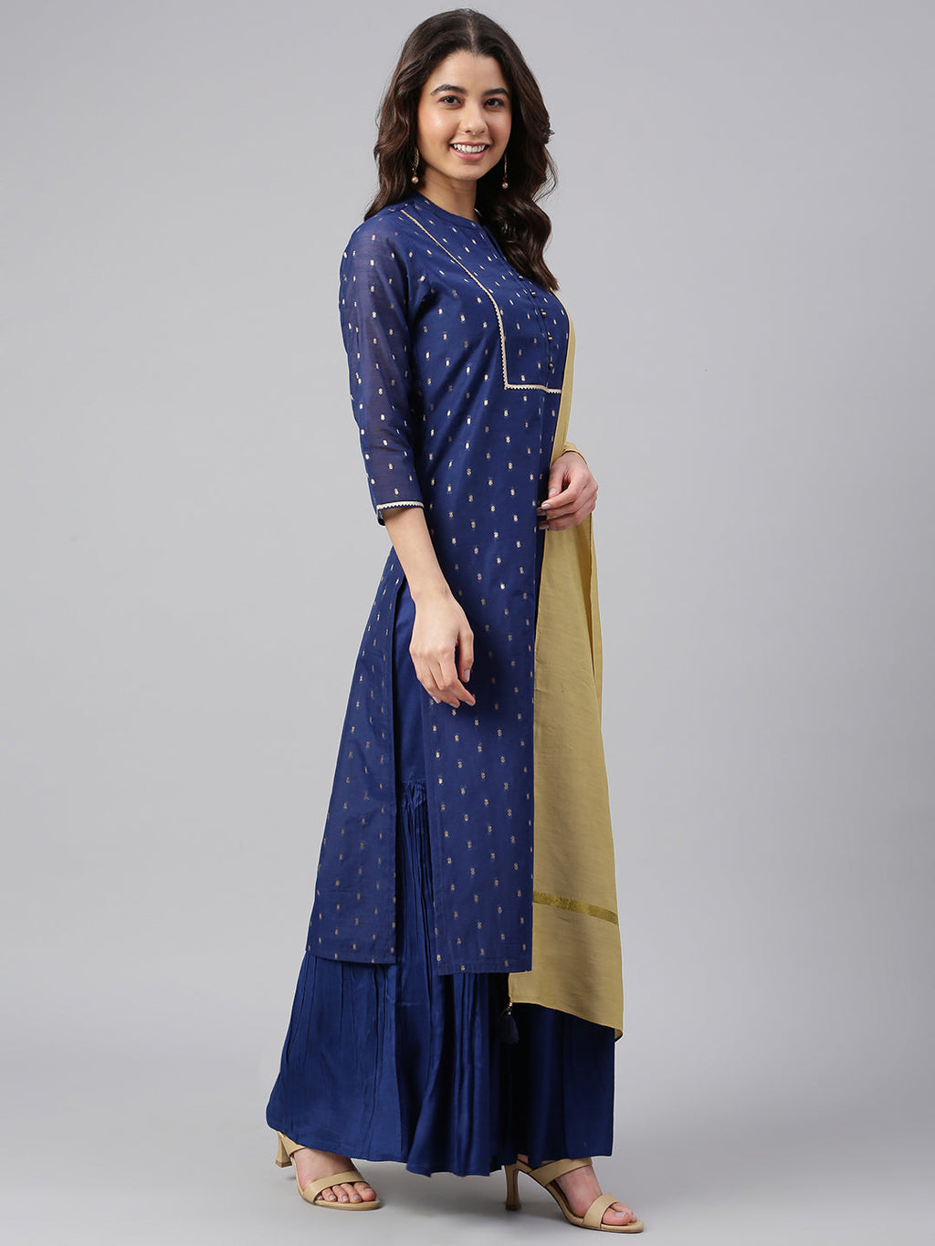 Janasya Women's Dark Blue Chanderi Silk Woven Kurta With Sharara And Dupatta