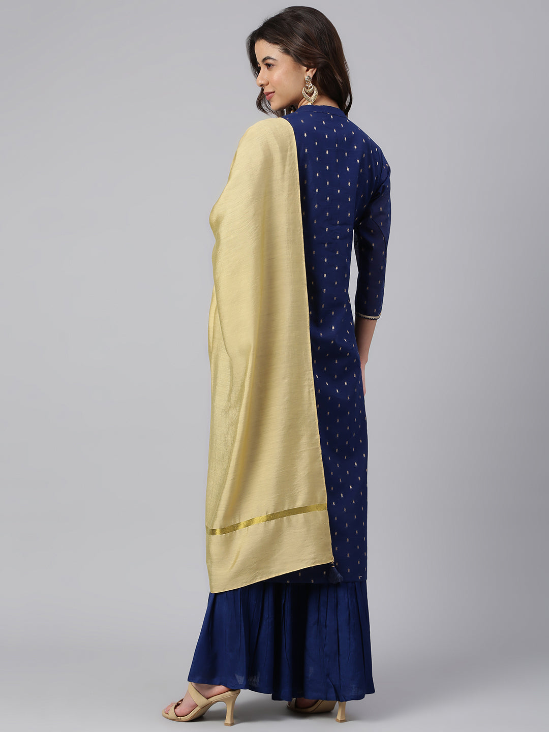 Janasya Women's Dark Blue Chanderi Silk Woven Kurta With Sharara And Dupatta
