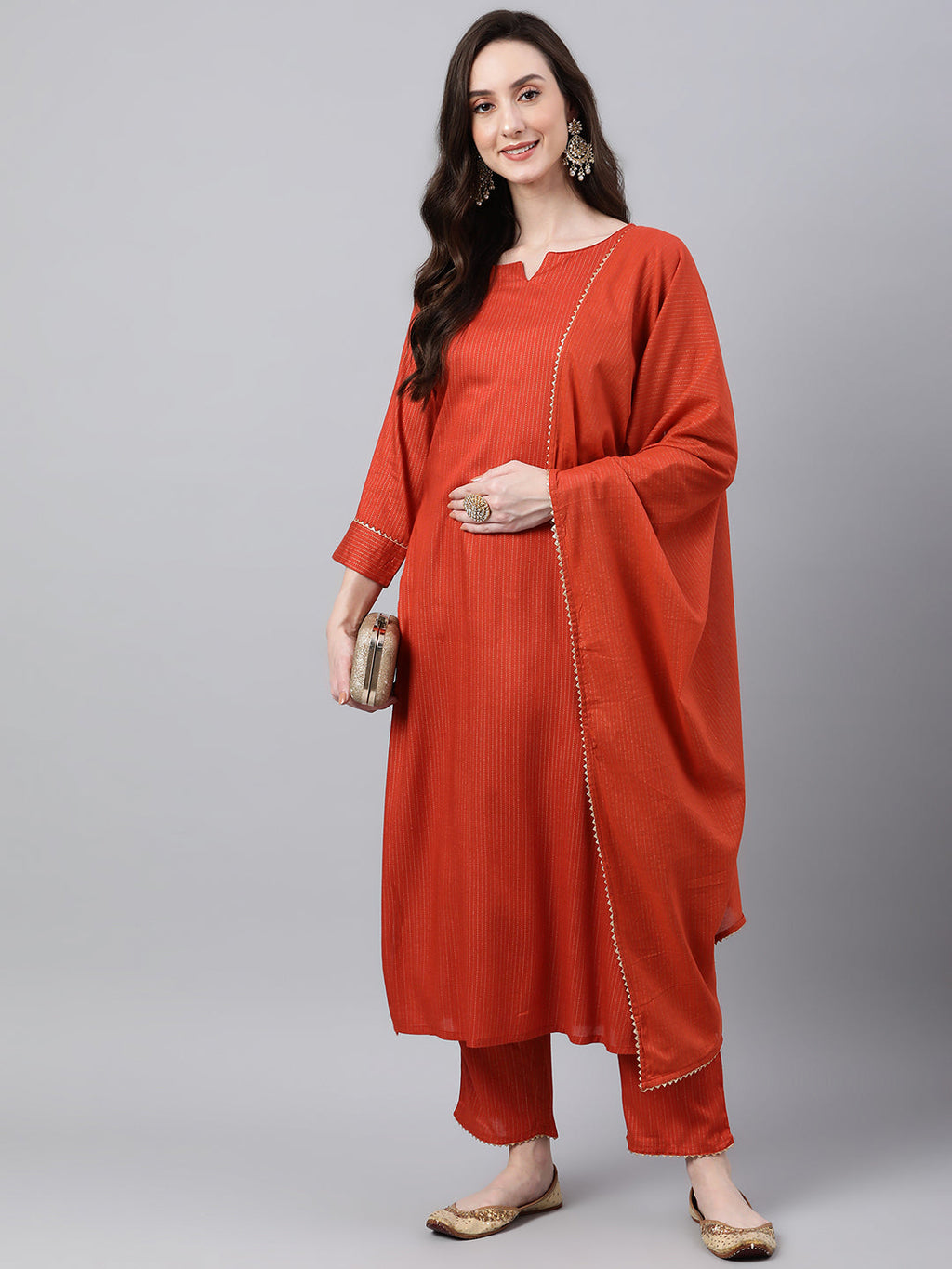 Janasya Women's Orange Rayon Striped Kurta With Pant And Dupatta