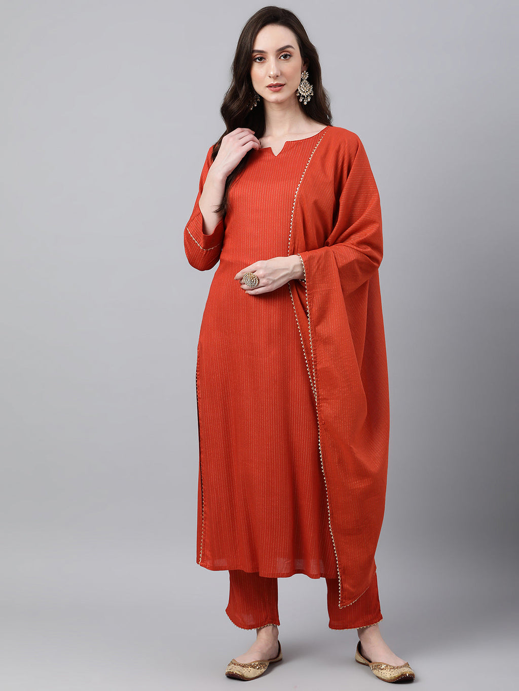 Janasya Women's Orange Rayon Striped Kurta With Pant And Dupatta