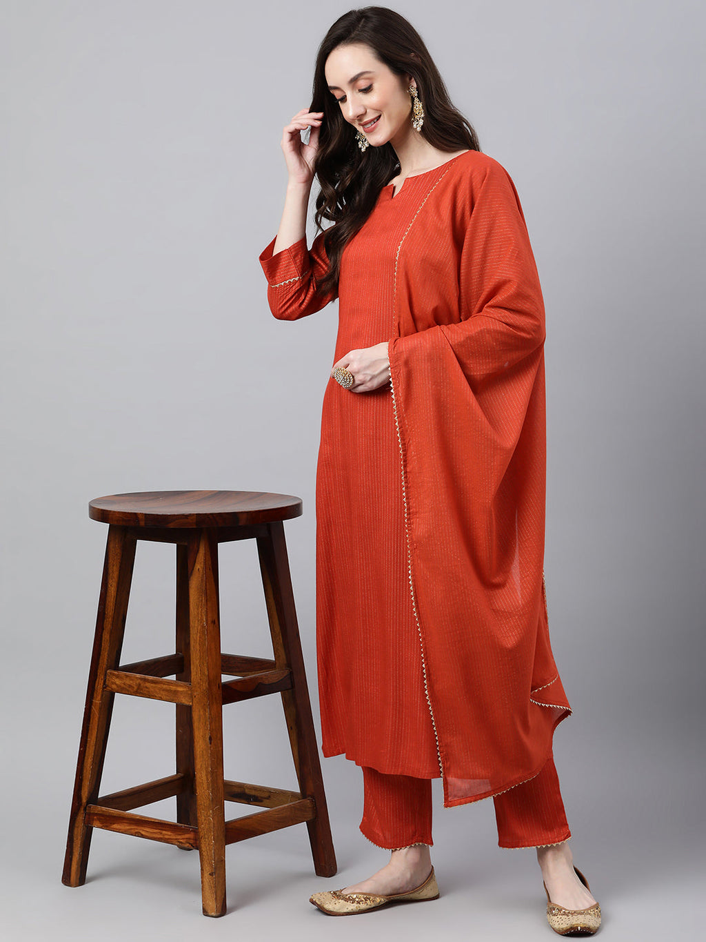 Janasya Women's Orange Rayon Striped Kurta With Pant And Dupatta