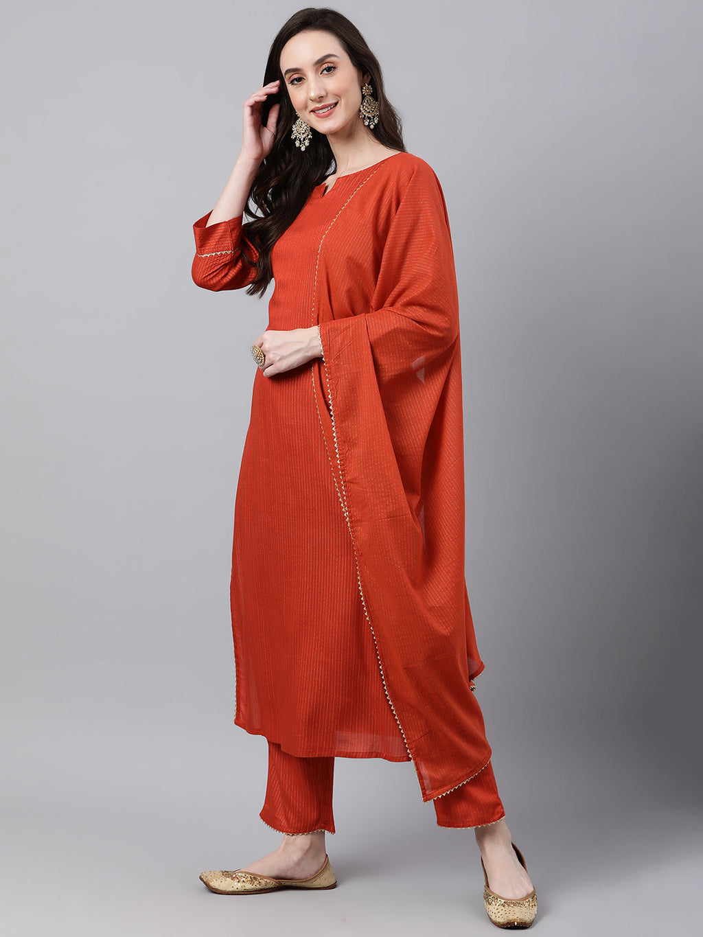 Janasya Women's Orange Rayon Striped Kurta With Pant And Dupatta