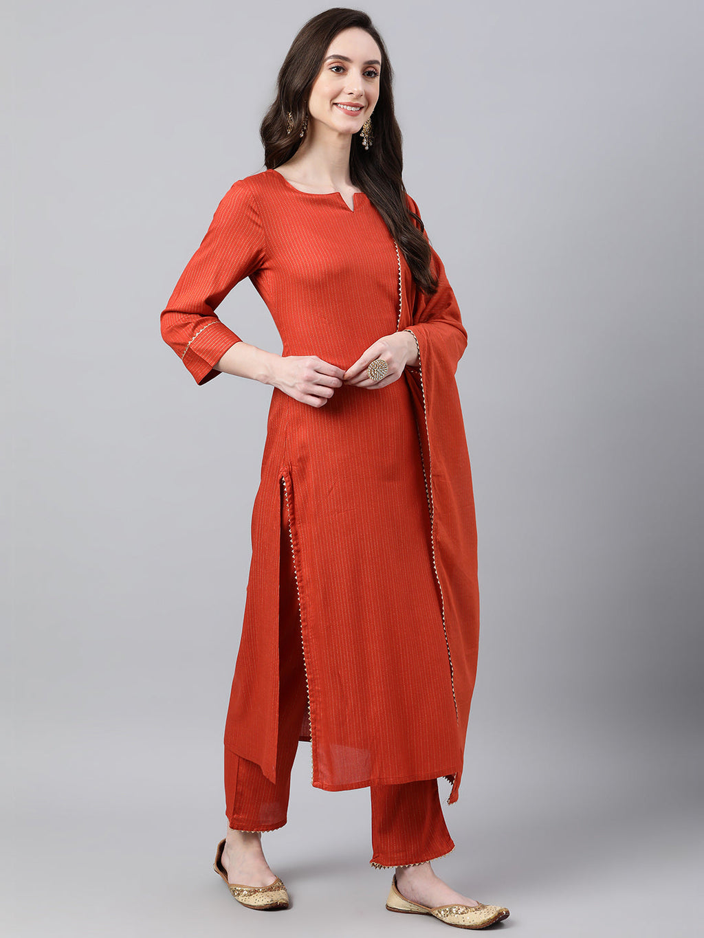 Janasya Women's Orange Rayon Striped Kurta With Pant And Dupatta