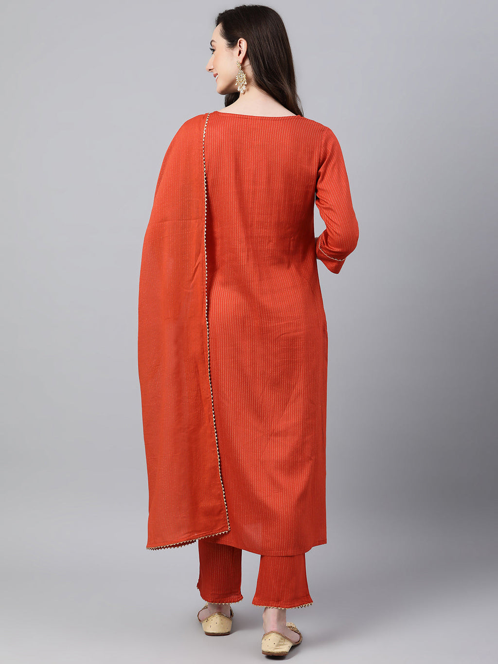 Janasya Women's Orange Rayon Striped Kurta With Pant And Dupatta