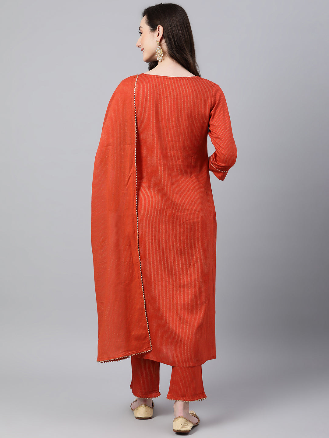 Janasya Women's Orange Rayon Striped Kurta With Pant And Dupatta