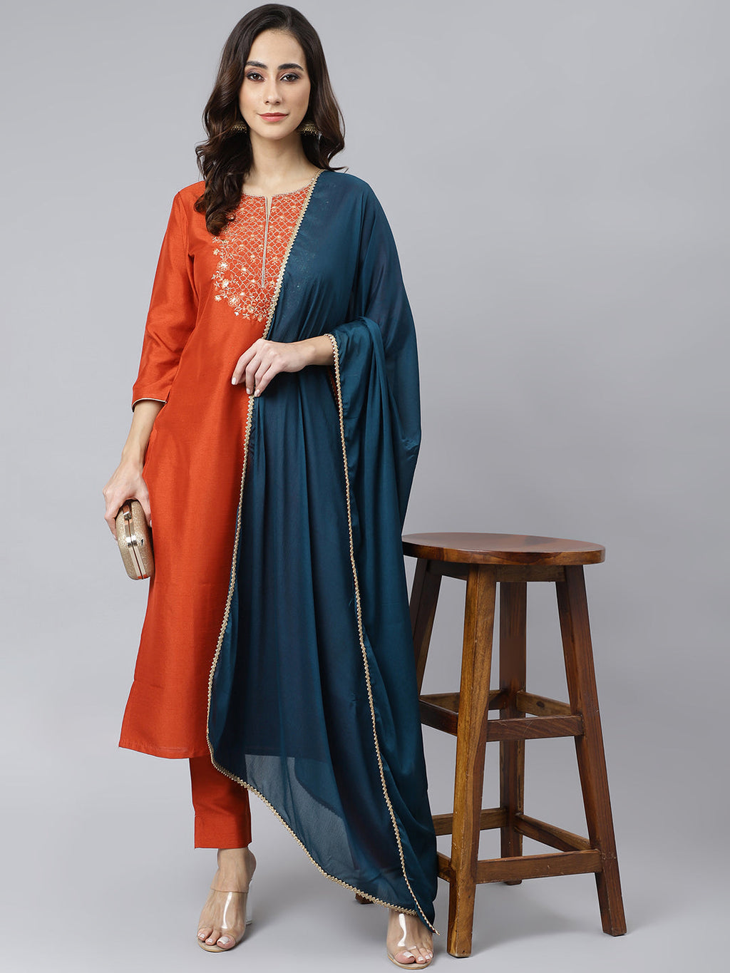 Janasya Women's Rust Orange Poly Silk Solid Kurta With Pant And Dupatta