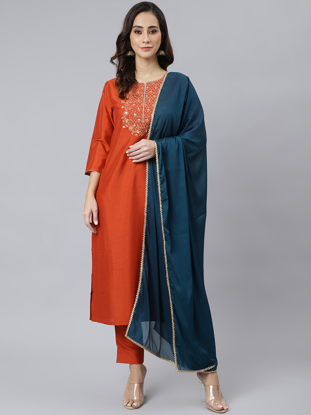 Janasya Women's Rust Orange Poly Silk Solid Kurta With Pant And Dupatta