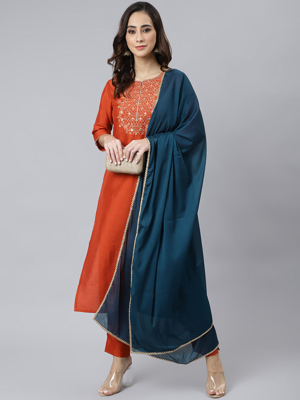 Janasya Women's Rust Orange Poly Silk Solid Kurta With Pant And Dupatta