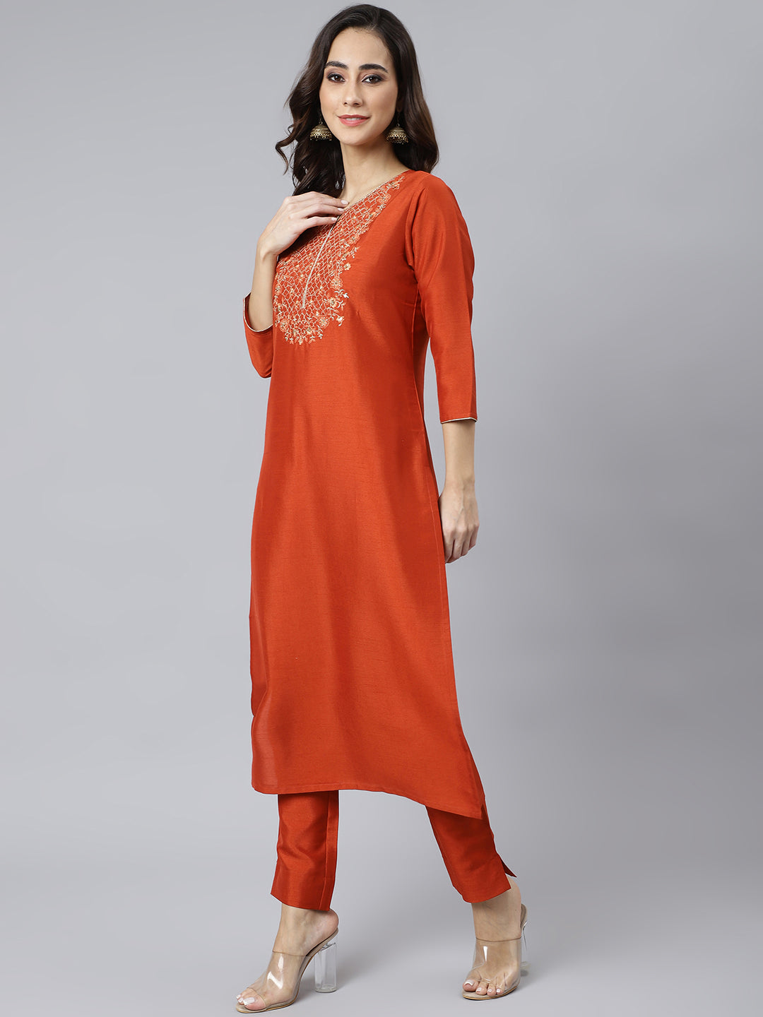 Janasya Women's Rust Orange Poly Silk Solid Kurta With Pant And Dupatta