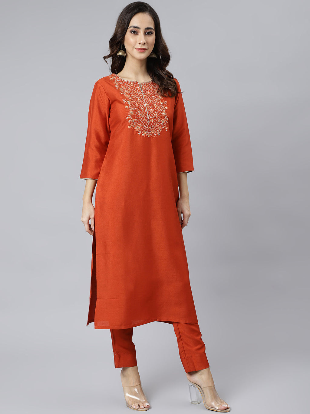 Janasya Women's Rust Orange Poly Silk Solid Kurta With Pant And Dupatta