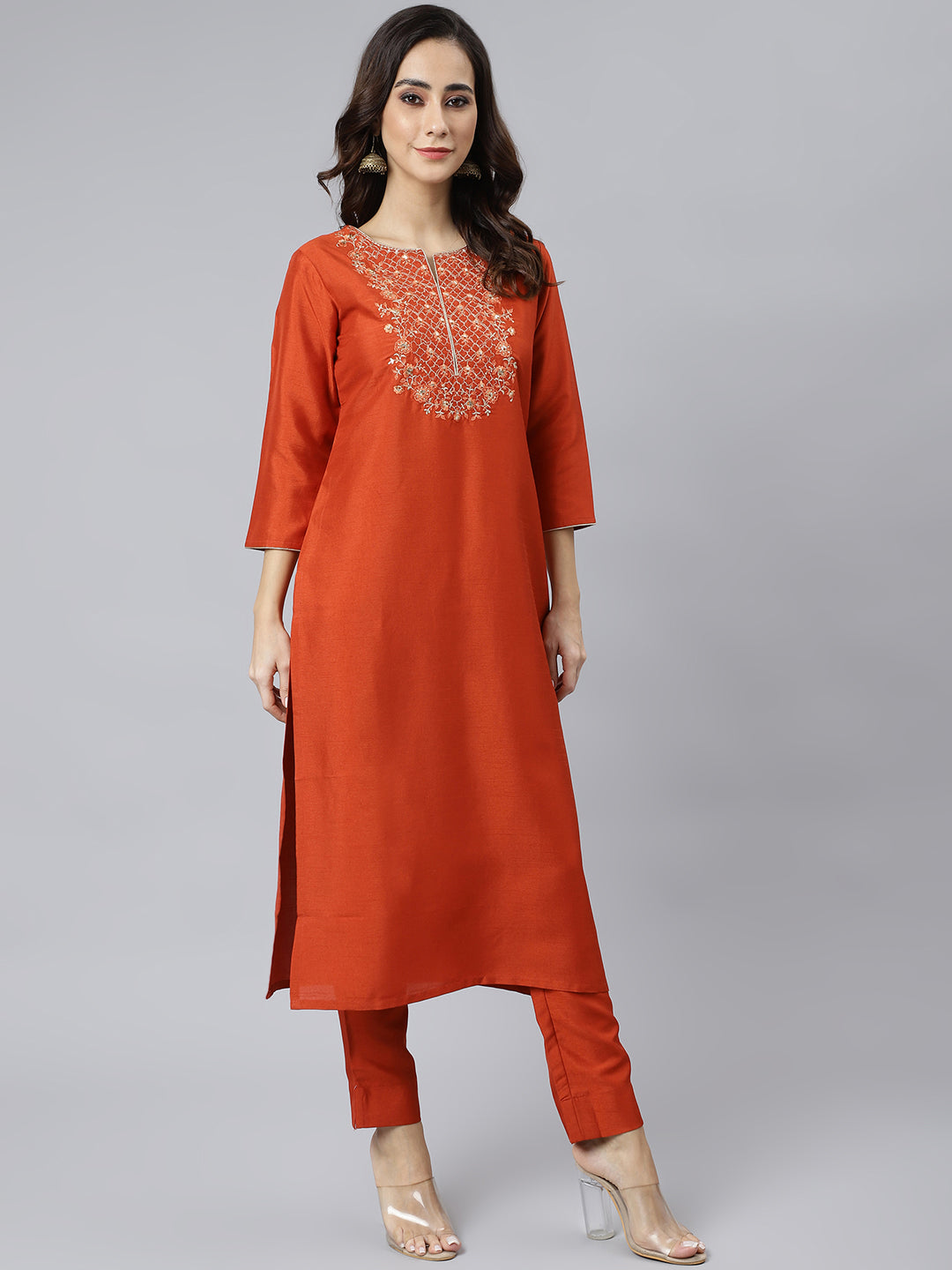 Janasya Women's Rust Orange Poly Silk Solid Kurta With Pant And Dupatta