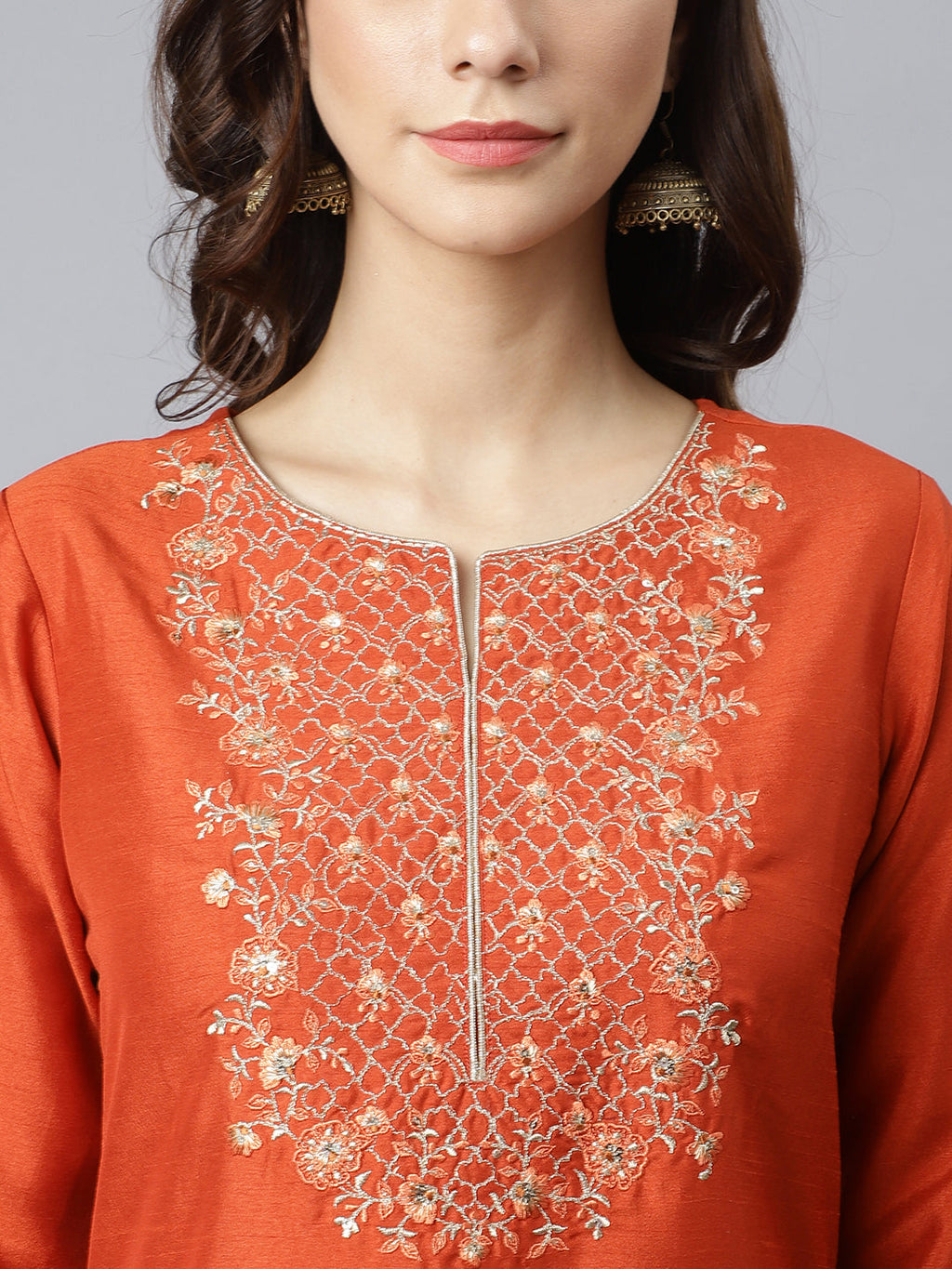 Janasya Women's Rust Orange Poly Silk Solid Kurta With Pant And Dupatta