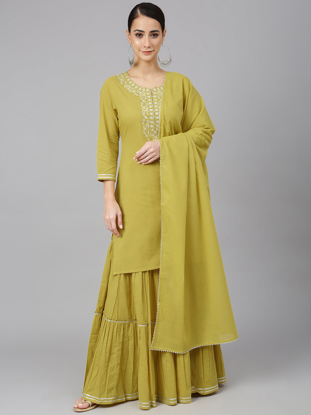 Janasya Women's Yellow Cotton Solid Kurta With Sharara And Dupatta