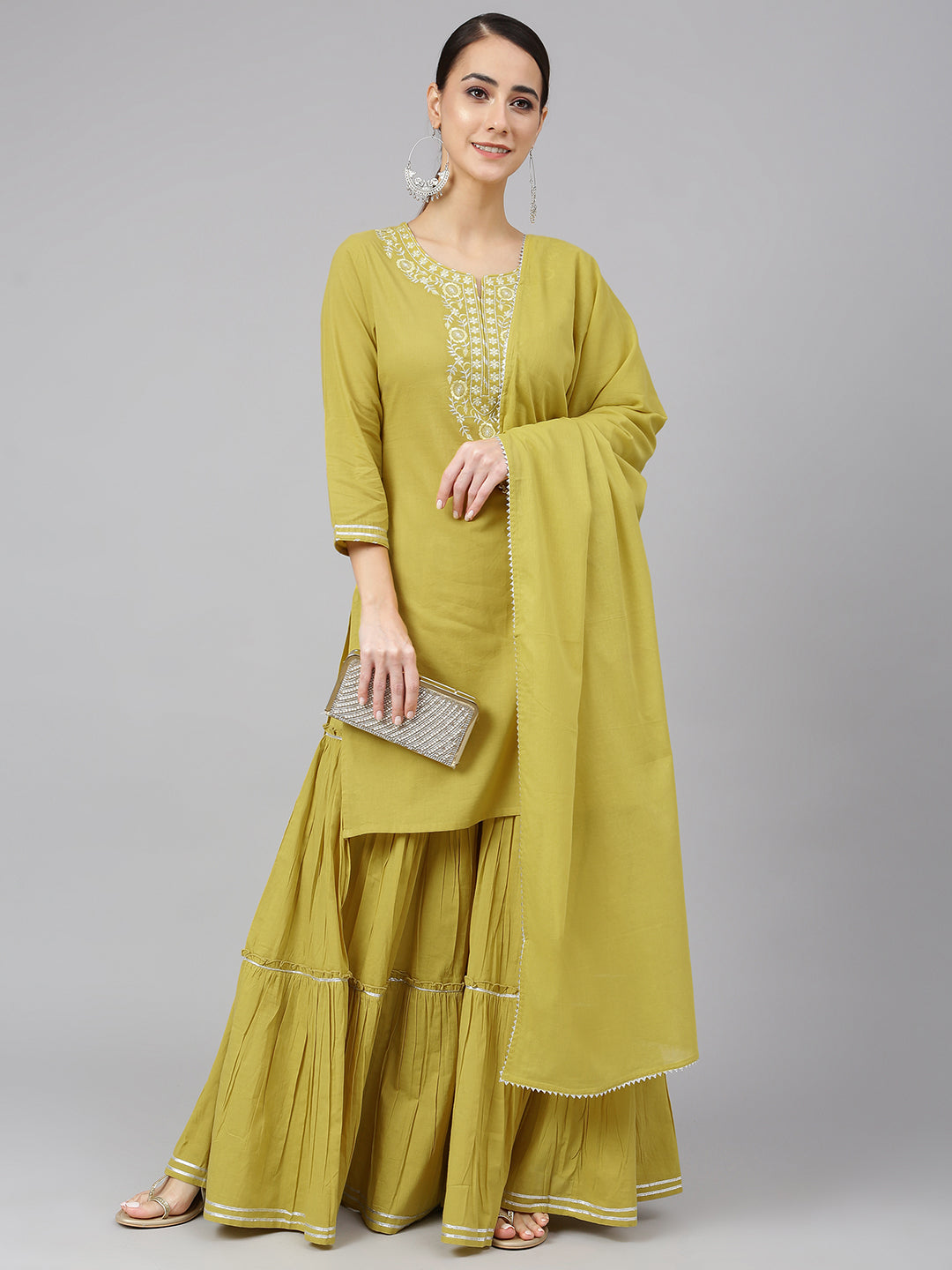 Janasya Women's Yellow Cotton Solid Kurta With Sharara And Dupatta