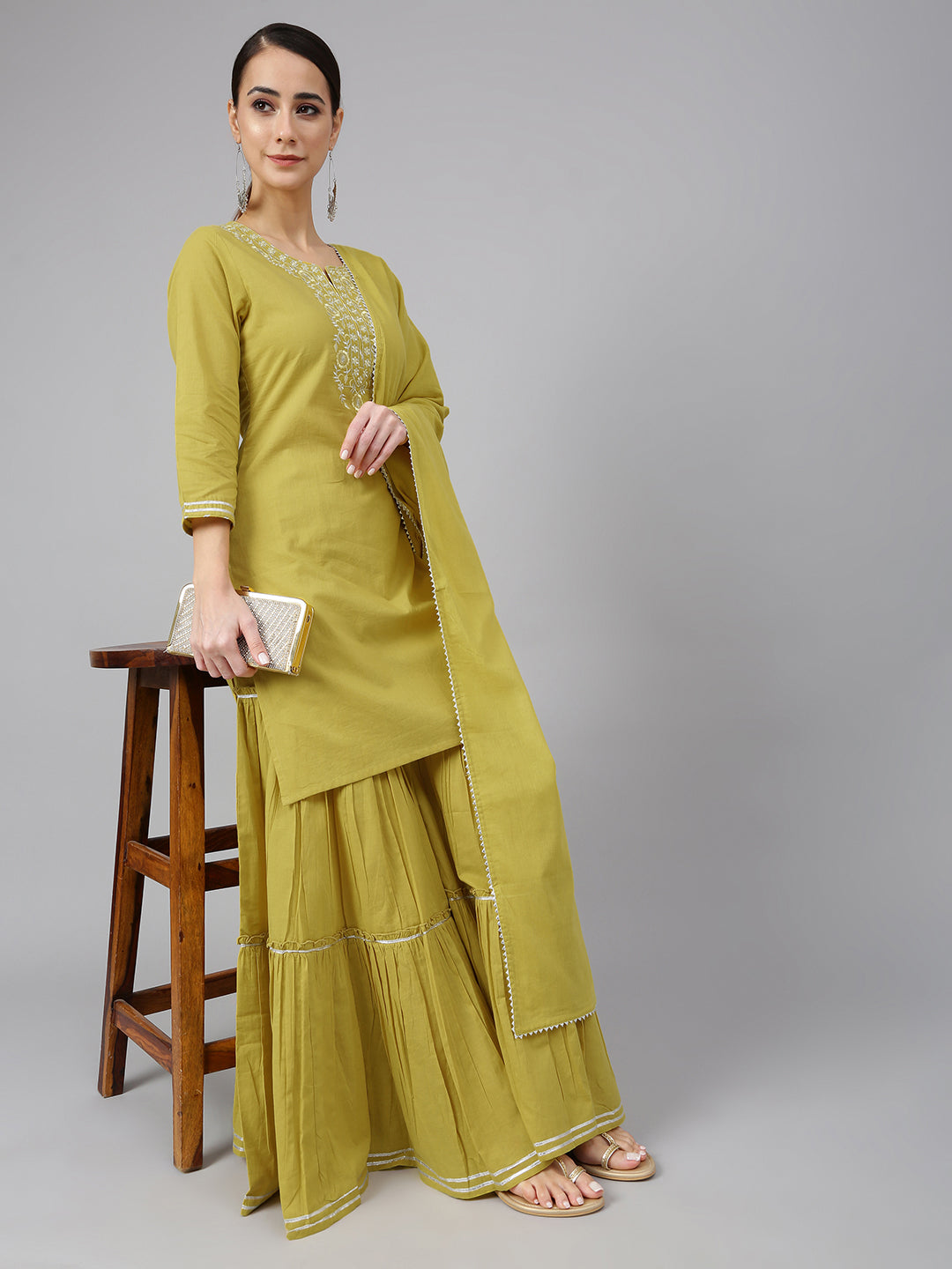 Janasya Women's Yellow Cotton Solid Kurta With Sharara And Dupatta