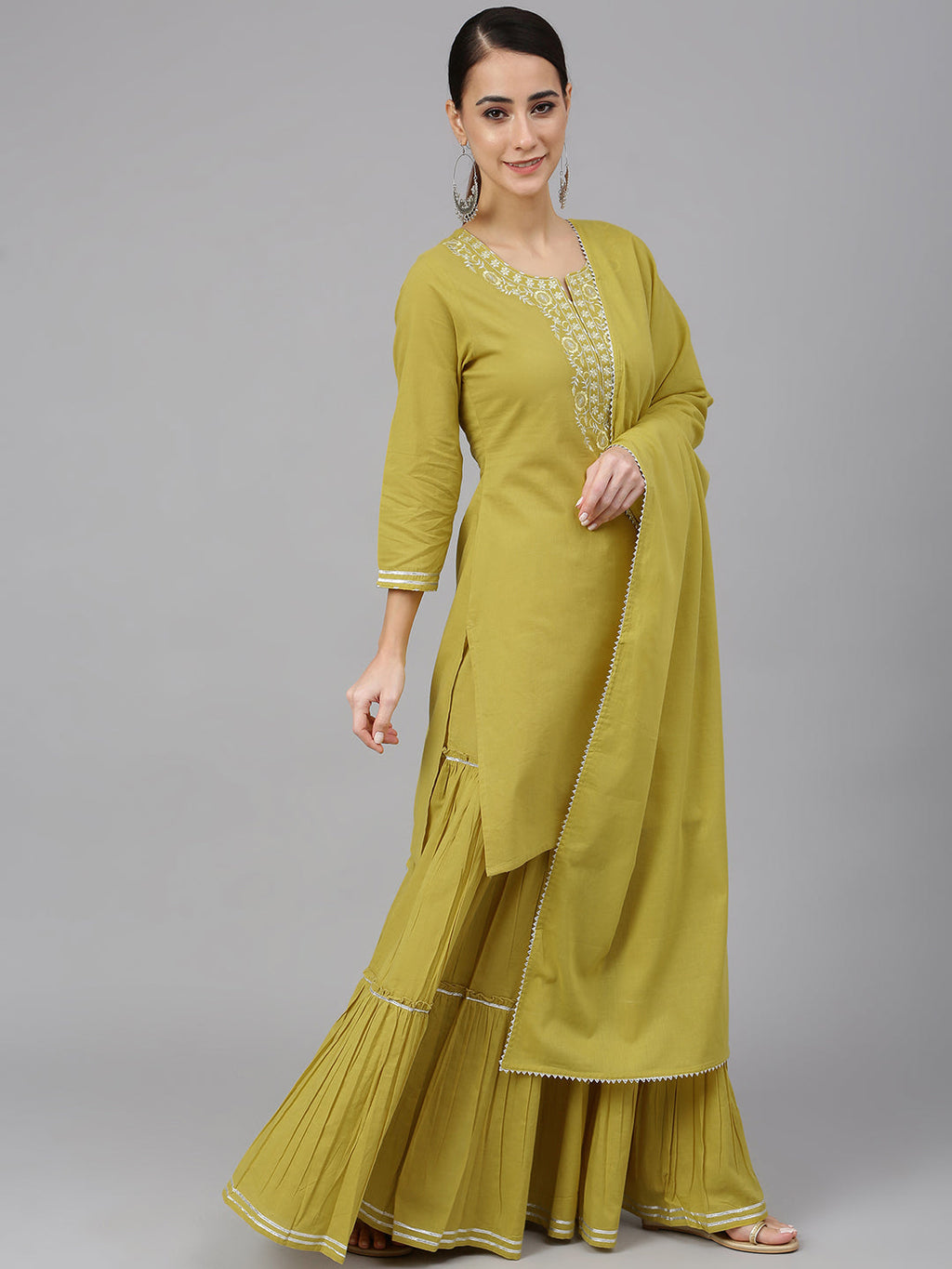 Janasya Women's Yellow Cotton Solid Kurta With Sharara And Dupatta