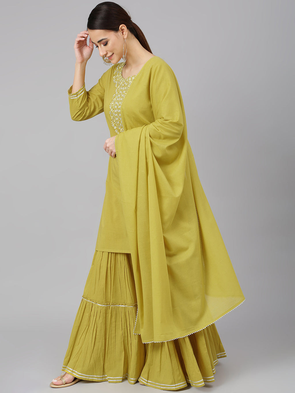 Janasya Women's Yellow Cotton Solid Kurta With Sharara And Dupatta