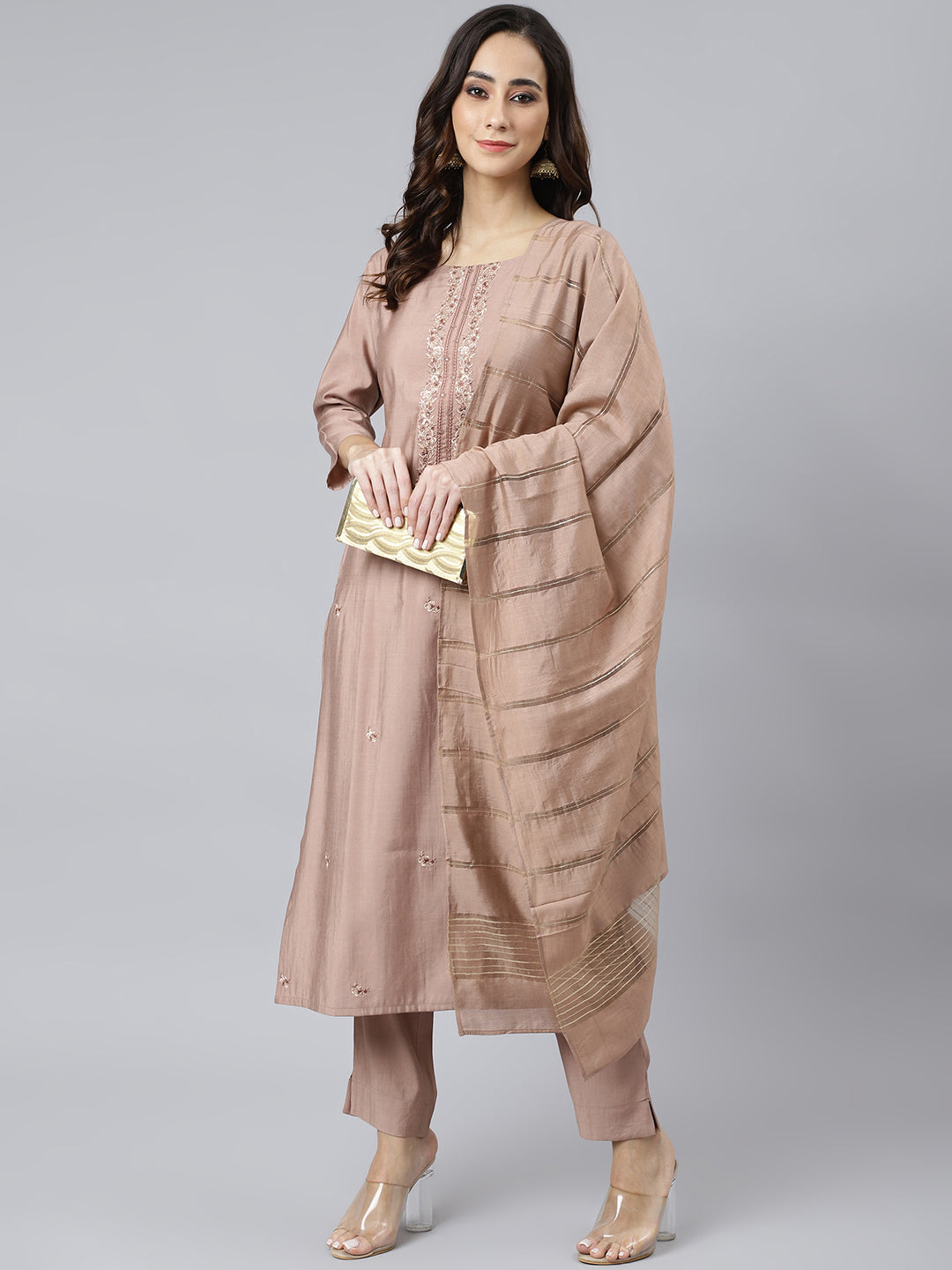 Janasya Women's Dusty Rose Viscose Blend Embroidered Kurta With Pant