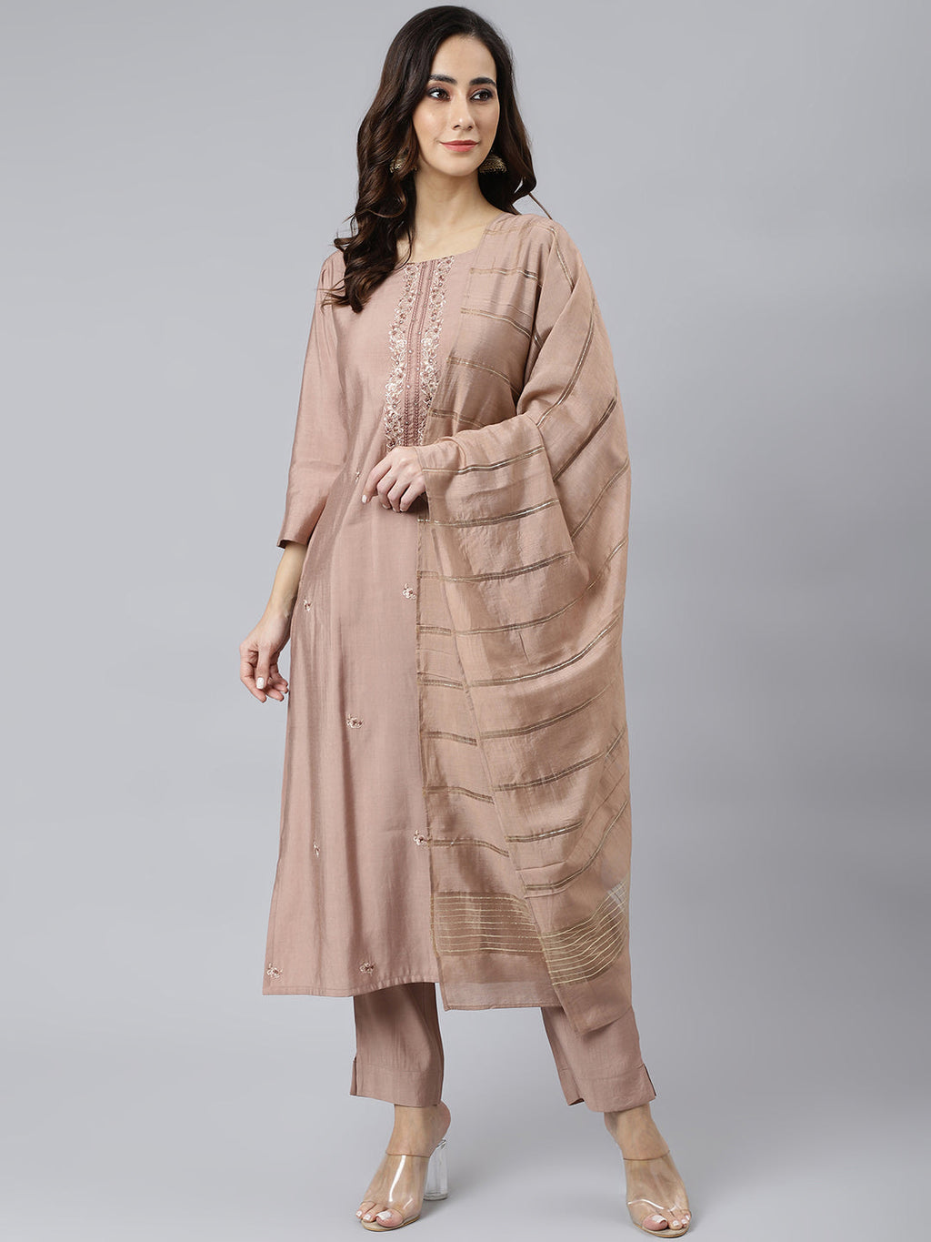 Janasya Women's Dusty Rose Viscose Blend Embroidered Kurta With Pant