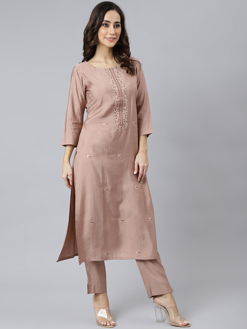 Janasya Women's Dusty Rose Viscose Blend Embroidered Kurta With Pant
