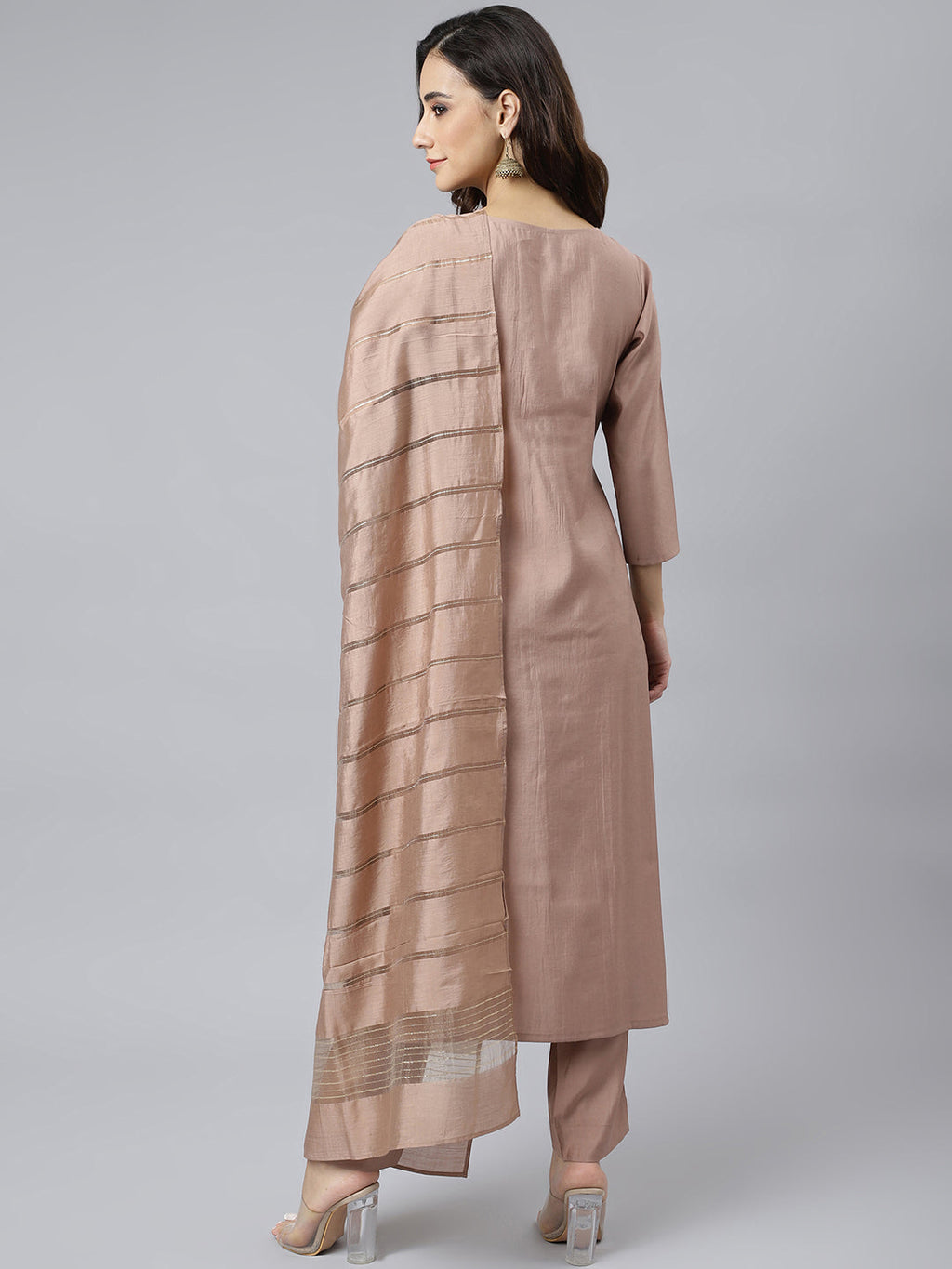 Janasya Women's Dusty Rose Viscose Blend Embroidered Kurta With Pant