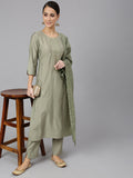 Janasya Women's Sage Green Viscose Blend Embroidered Kurta With Pant And Dupatta