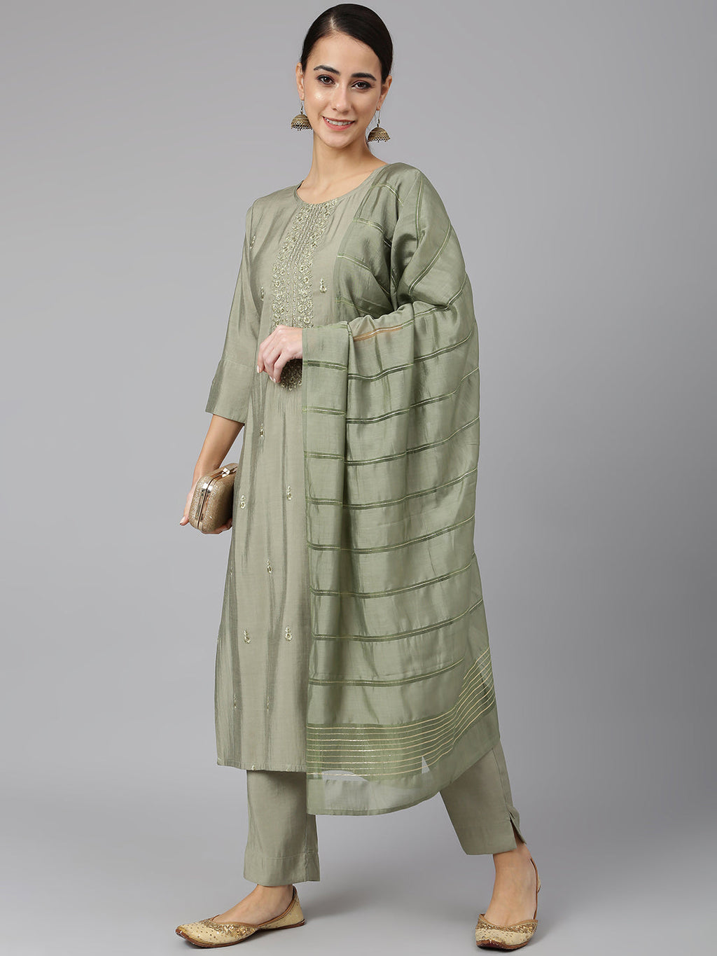 Janasya Women's Sage Green Viscose Blend Embroidered Kurta With Pant And Dupatta
