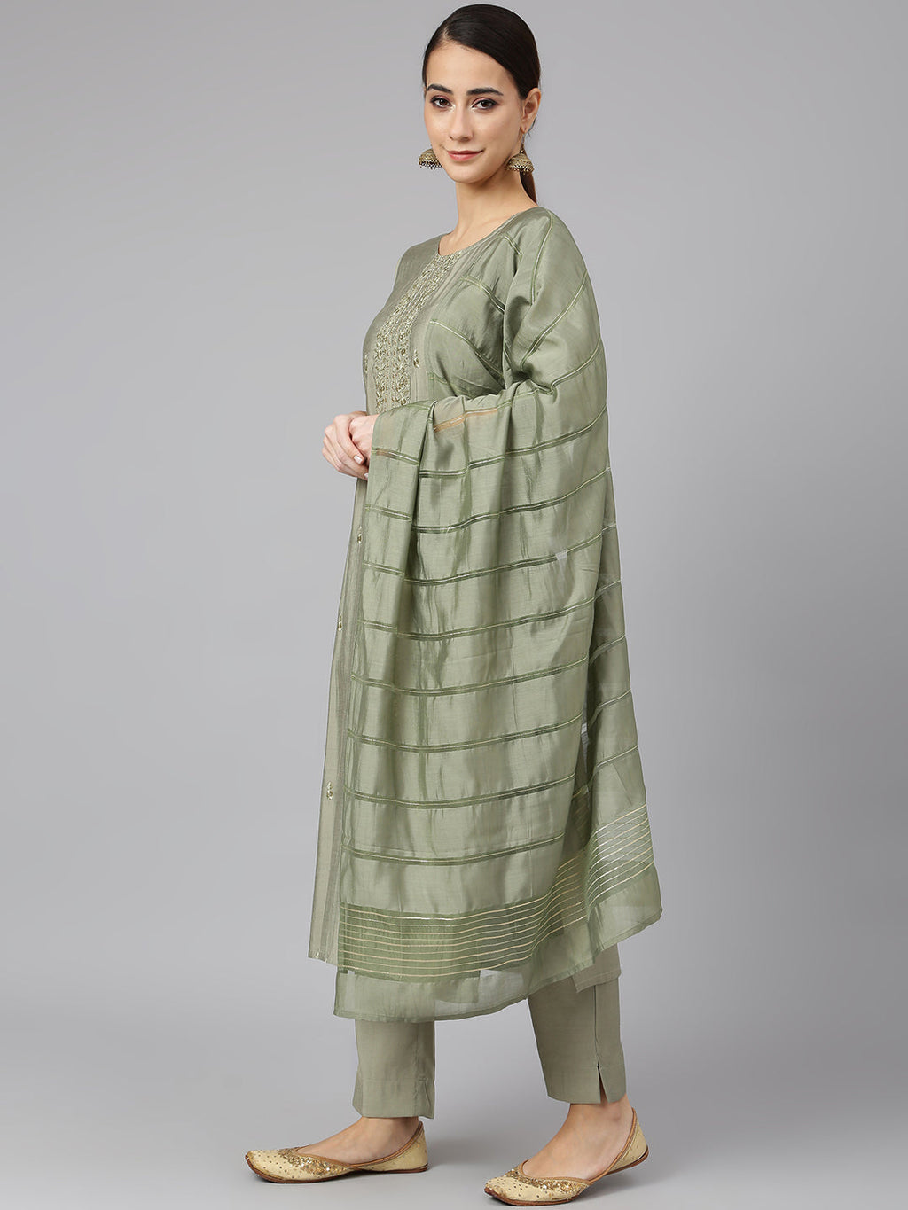 Janasya Women's Sage Green Viscose Blend Embroidered Kurta With Pant And Dupatta