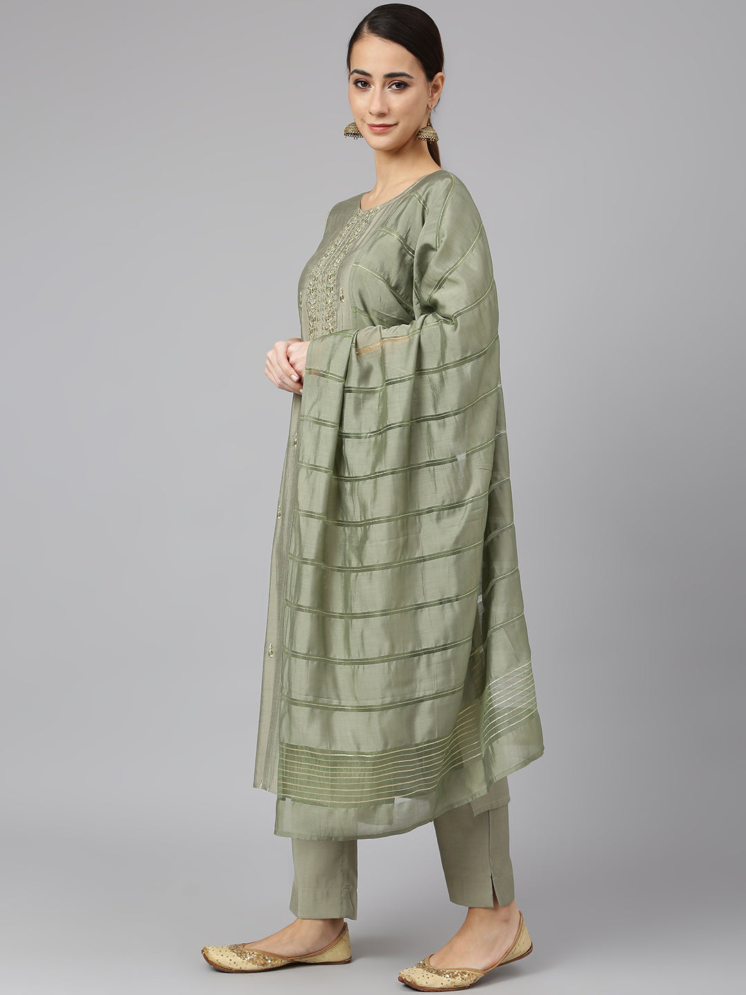 Janasya Women's Sage Green Viscose Blend Embroidered Kurta With Pant And Dupatta