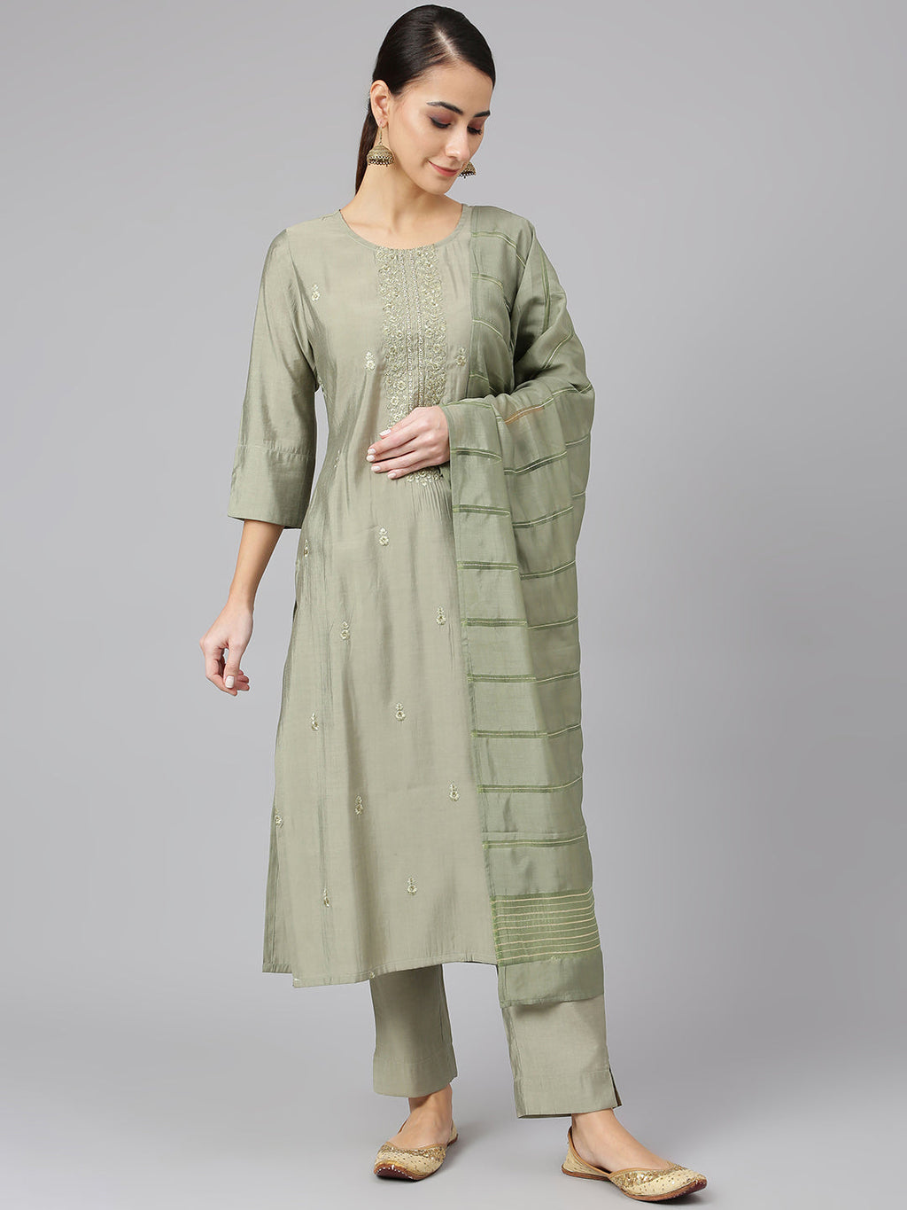 Janasya Women's Sage Green Viscose Blend Embroidered Kurta With Pant And Dupatta