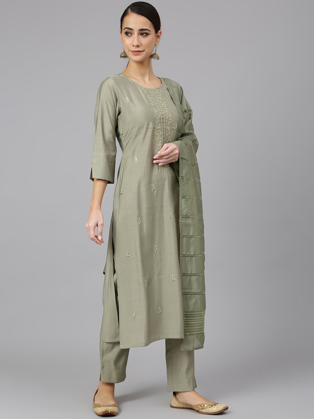 Janasya Women's Sage Green Viscose Blend Embroidered Kurta With Pant And Dupatta