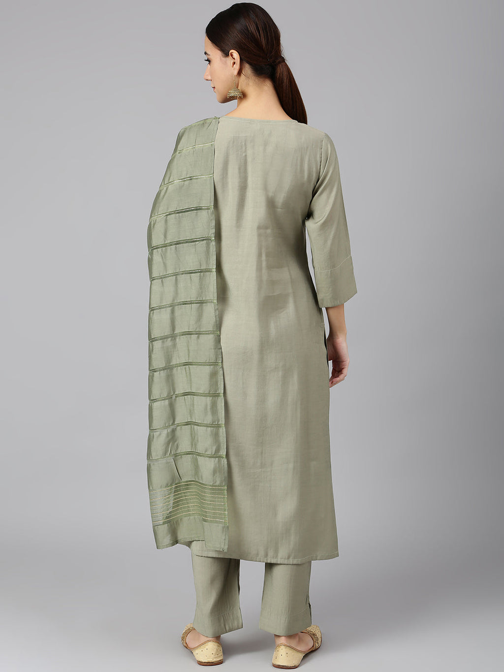 Janasya Women's Sage Green Viscose Blend Embroidered Kurta With Pant And Dupatta